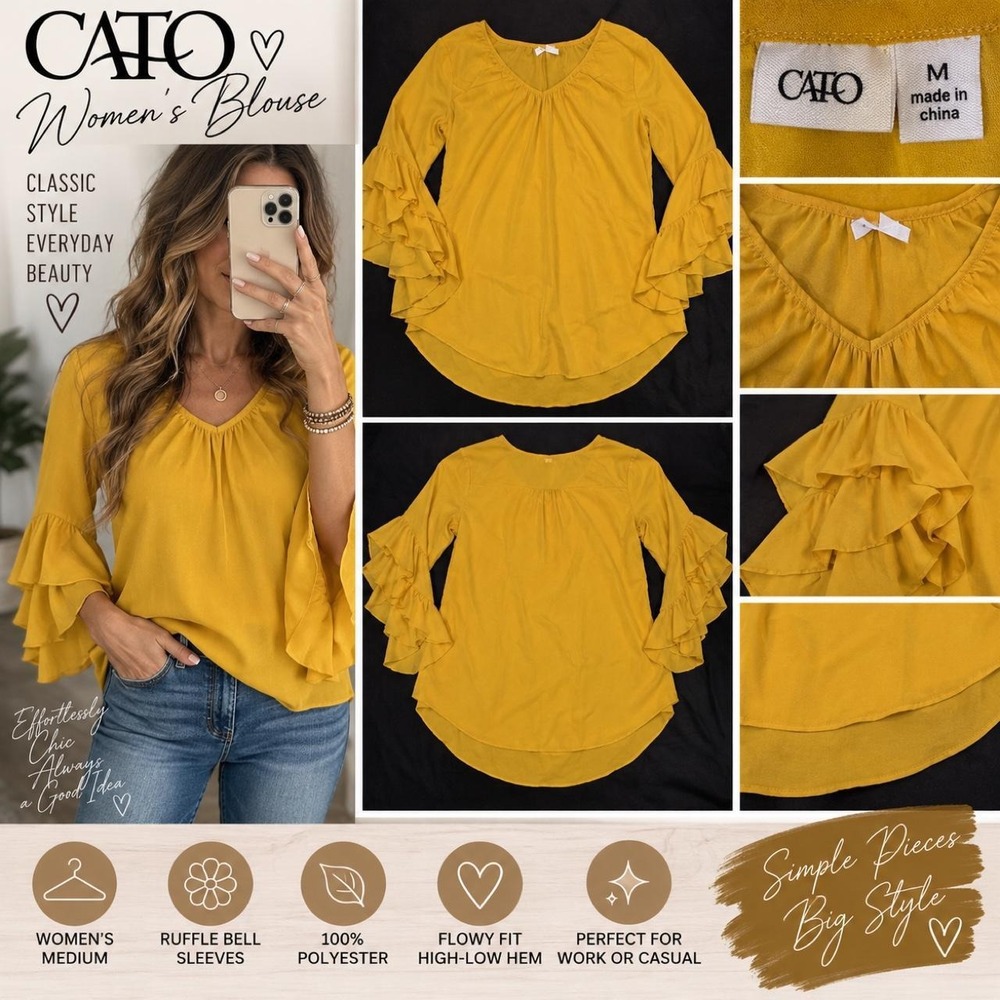 Cato Mustard Yellow Ruffle Bell Sleeve Blouse Women's Medium